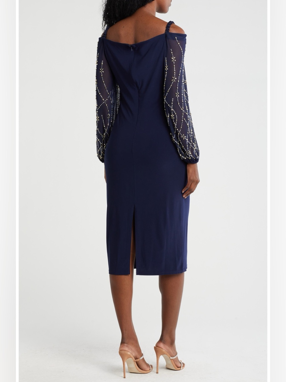 NWOT Marina Off the Shoulder Long Sleeve Beaded Midi Dress, Black, size Large - Picture 3 of 10